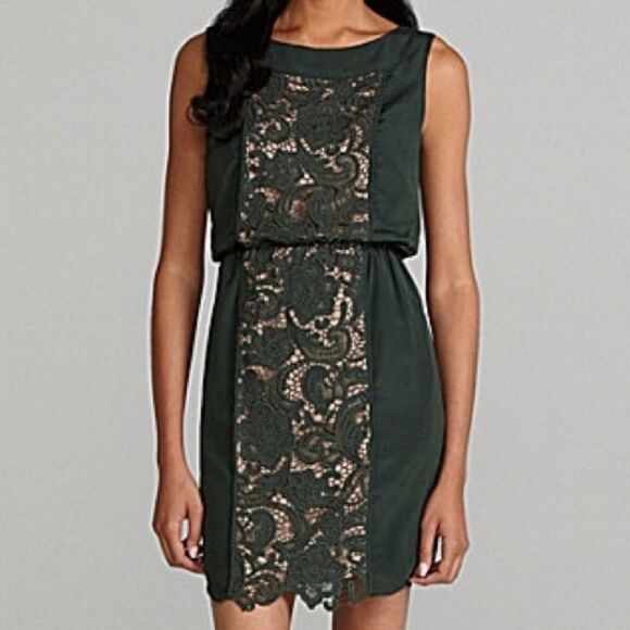 Jessica Simpson Forrest green and nude lace panel dress with pockets size small - Picture 2 of 7